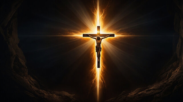 Illuminated stone cross glowing amidst a rocky scene with a spiritual ambiance