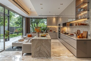 A modern kitchen with a large island and a glass countertop