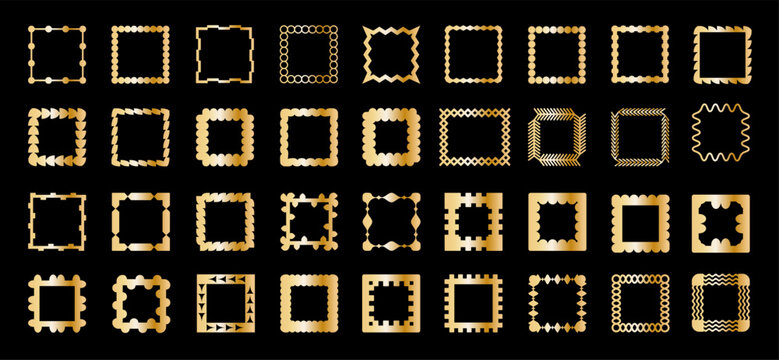 Brutal abstract geometric frames set. Y2k Brutalist fashion gold stickers collection.