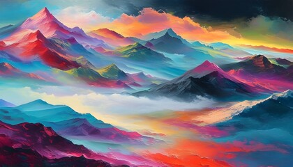 Surreal abstract landscape of colorful mountains enveloped in vibrant fog, displaying a spectrum of hues beneath a dramatic dark sky