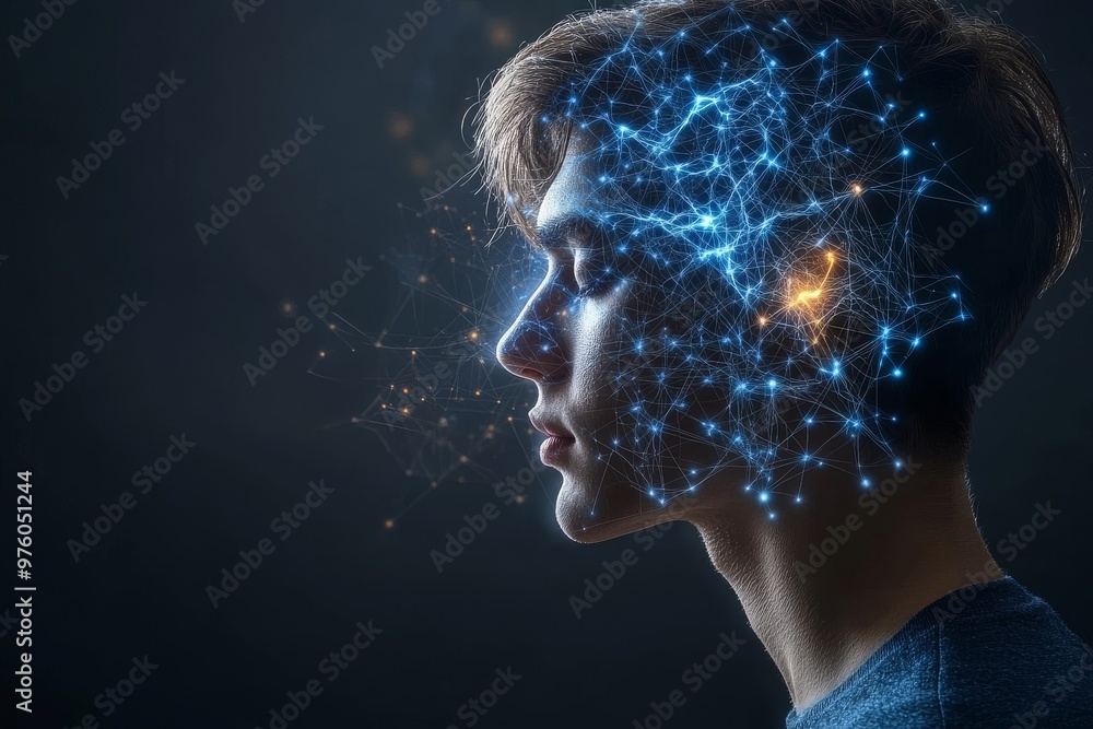 Poster profile of a boy with glowing neural connections symbolizing cognitive development thought and the f