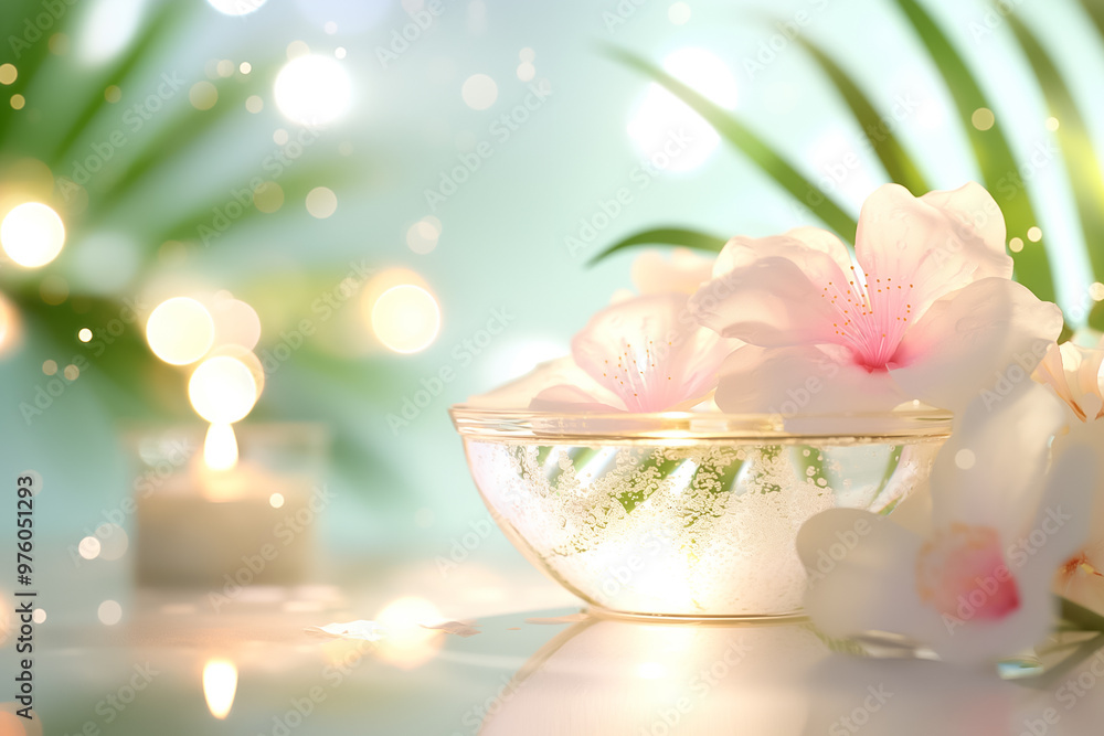 Poster a bowl filled with delicate flowers rests on a surface, illuminated by soft candlelight, creating a 