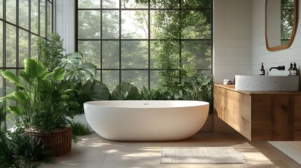 Fototapeta premium bathroom interior, bathroom interior design, Elegant Scandinavian and minimalistic, light theme architecture design for real estate
