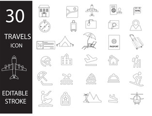Travel icons set, travel, icon, Aeroplane, trip, beach, passport, summer holidays, luggage, camping, hotel, entertainment simple icon collection. Outline icon collection.