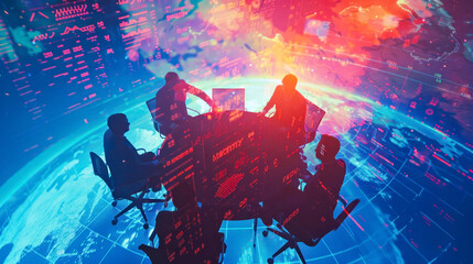 Global technology meeting with futuristic digital interface and world map projection