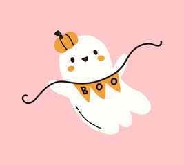 Kawaii ghost with boo garland and pumpkin hat. Spooky funny happy character. Halloween cute flying ghost. Childish boo phantom character for kids. Vector flat hand drawn illustration