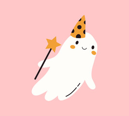 Kawaii ghost with magic wand and hat. Spooky funny happy character. Halloween cute flying ghost. Childish boo phantom character for kids. Vector flat hand drawn illustration