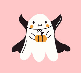 Kawaii ghost vampire with cape and pumpkin. Spooky funny happy character. Halloween cute flying ghost. Childish boo phantom character for kids. Vector flat hand drawn illustration