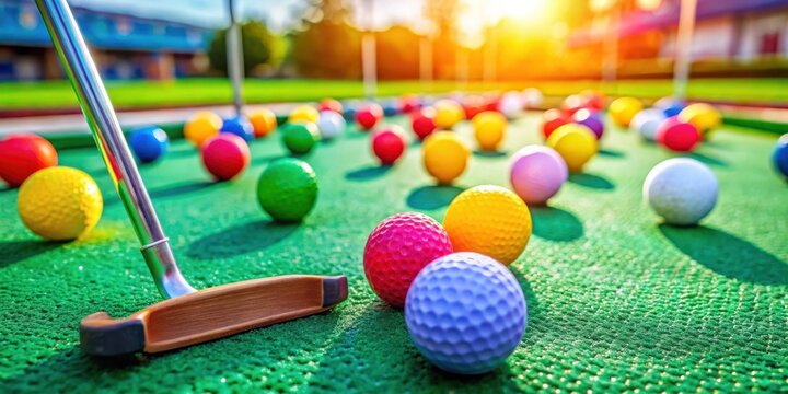Close up shot of colorful mini golf putters and balls on a mini golf course