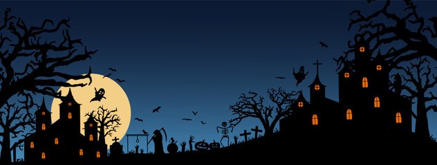 Scary Halloween background with silhouette of trees, bat, haunted castle. Spooky dark graveyard. Horror night holiday poster. Vector flat illustration