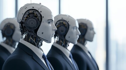 Fototapeta premium Group of robots wearing business suits at a stock exchange, corporate AI, future of AI in finance