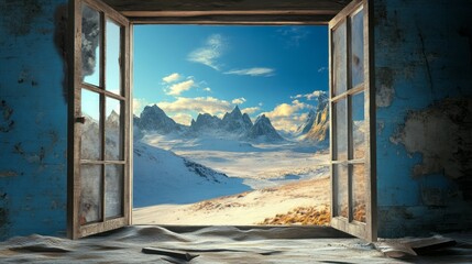 A rustic window with a view of snow-capped mountains.