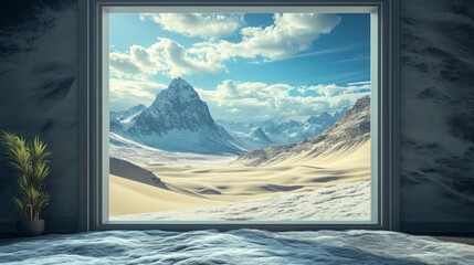 A snowy mountain range viewed from a window.