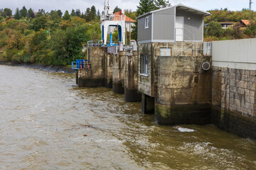 Brno dam reservoir at the time of water release in case of flood risk. Svratka River Brno Czech...