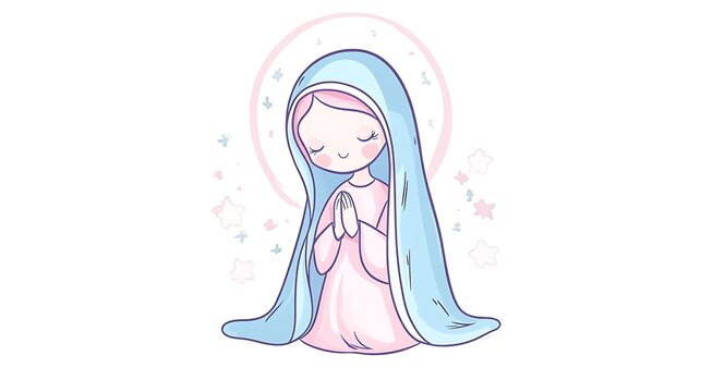 recommend clip art: Cute Cartoon Virgin Mary Illustration in Baby Blue and Pink Colors on Transparent Background - Vector Watercolor Kawaii Clip Art Sticker