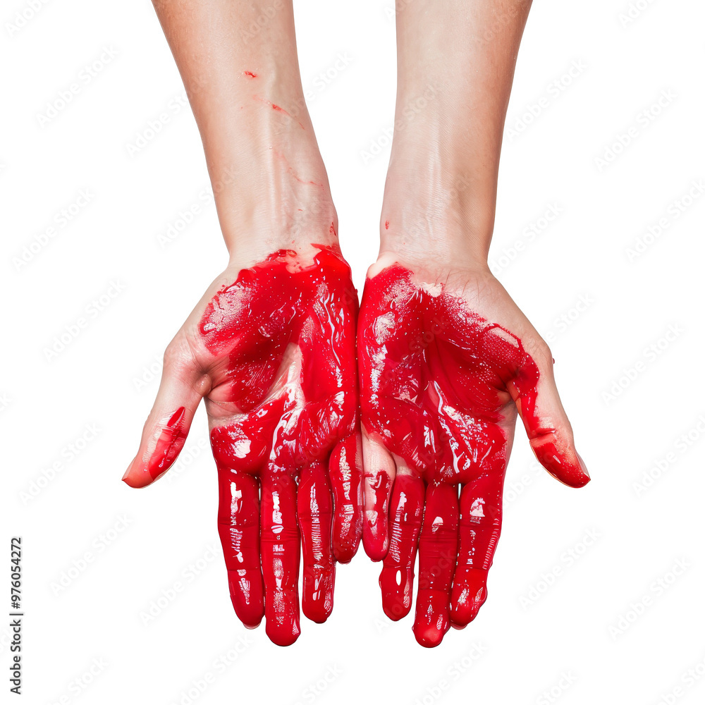 Poster hands covered in red paint held out in front of a transparent background, showcasing a creative expr