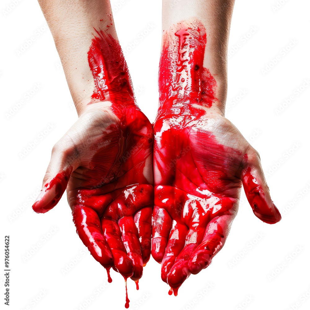 Poster hands covered in red paint create a striking visual impact against a transparent background showcasi