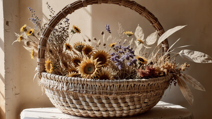 wicker basket filled with dried field flowers, autumnal theme