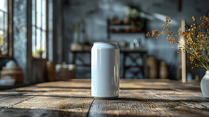 A white can sits on a wooden table in a rustic kitchen setting.
