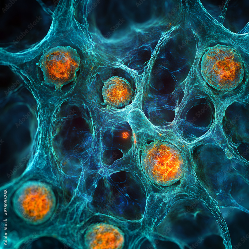 Fototapete microscopic 3d rendering of cellular networks and membrane activity