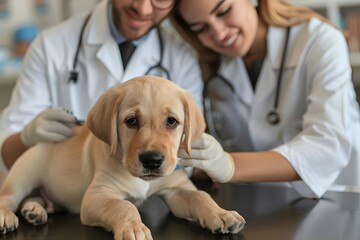 Veterinarian Gently Examines Cute Puppy at Animal Hospital