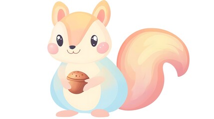 Sweet Pastel Cartoon Squirrel Holding Acorn Vector Illustration | Kawaii Clip Art Sticker Design