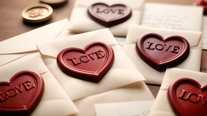 Heart-shaped seals on vintage envelopes, love-themed.