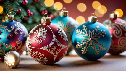 Christmas tree spheres on floor, blurred festive lights background.