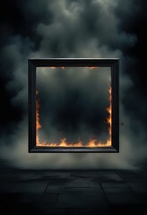 a sleek rectangular frame encircled by flames, with bright yellow and orange colors blending together, set against a solid black background, vibrant color palette, cold light tones, blue tones, flash 