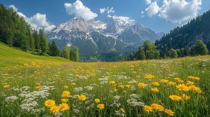 Fototapeta premium the Idyllic mountain scenery in the Alps with blooming meadows.