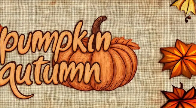 the inscription "Pumpkin Autumn" on a beige fabric background with a burlap texture, autumn theme