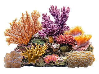 Vibrant coral reef scene showcasing diverse colors and shapes of coral formations in a beautiful underwater environment.