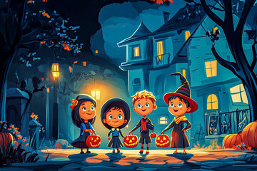 A vibrant cartoon of four children in Halloween costumes holding jack-o-lantern buckets, standing in front of a spooky, moonlit house on a trick-or-treat night.
