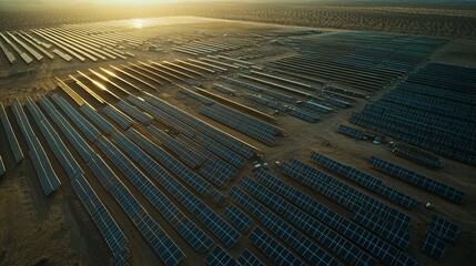 Aerial view of a large solar panel farm in a desert landscape, emphasizing renewable energy production.