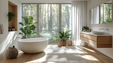 Fototapeta premium bathroom interior, bathroom interior design, Elegant Scandinavian and minimalistic, light theme architecture design for real estate