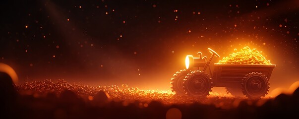 A futuristic tractor illuminated by golden light, transporting a load of shimmering treasure in a cosmic landscape.