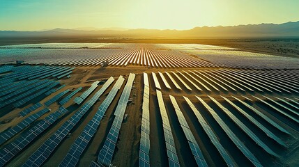 Aerial view of a vast solar panel field under a sunset, showcasing renewable energy production.