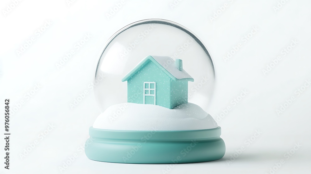 Aufkleber minimalistic turquoise snow globe icon with tiny house inside on white background - 3d render clayma