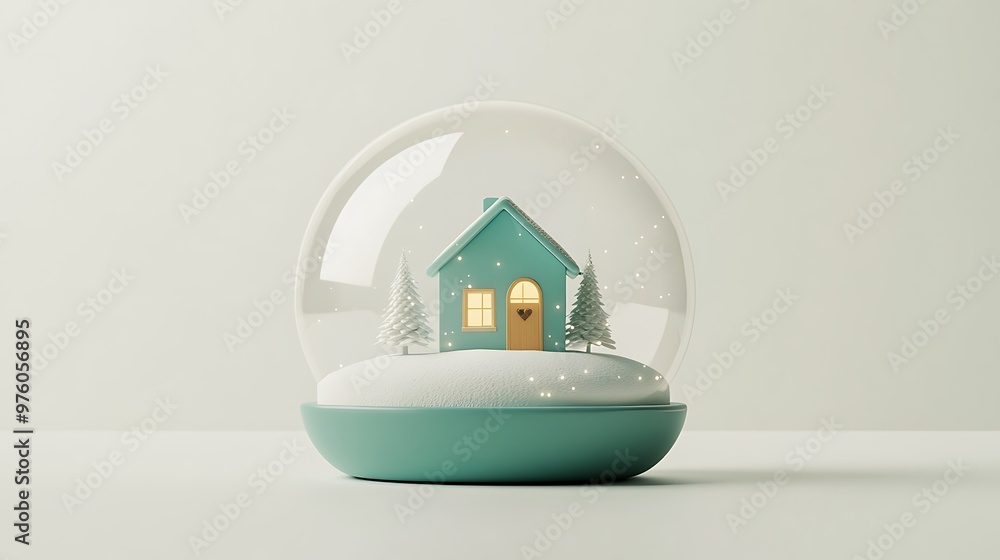 Aufkleber minimalistic turquoise snow globe icon with house in air on white background - 3d render in low-poly