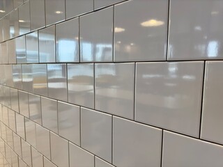 a close-up view of a shiny subway tile wall showcases the smooth, glossy surface and clean lines, reflecting light and adding a modern, sleek touch to the space