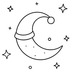 A crescent moon with a Santa hat oan top, surrounded by tiny stars vector