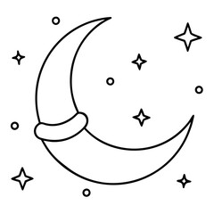 A crescent moon with a Santa hat oan top, surrounded by tiny stars vector