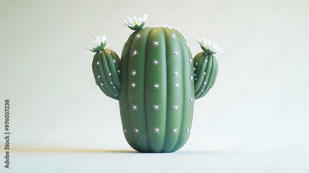 Poster minimalistic green cactus with white flowers - 3d low-poly render in matte claymation style