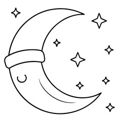 A crescent moon with a Santa hat oan top, surrounded by tiny stars vector