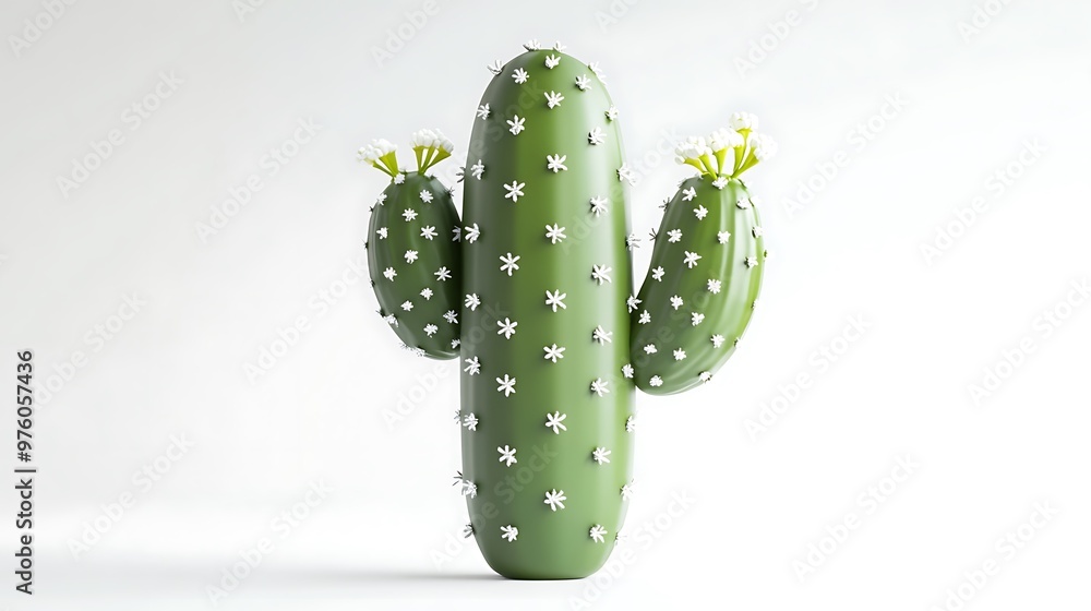 Aufkleber minimalistic green cactus with white flowers in matte claymation style - 3d render with soft lightin