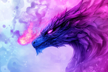 A majestic purple dragon breathes fire, its scales glowing with an ethereal light.