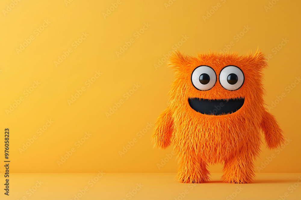 Wall mural furry monster with googly eyes stands cheerfully against bright yellow background, exuding playful a