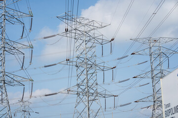 High voltage transmission power line tower for electrical power.