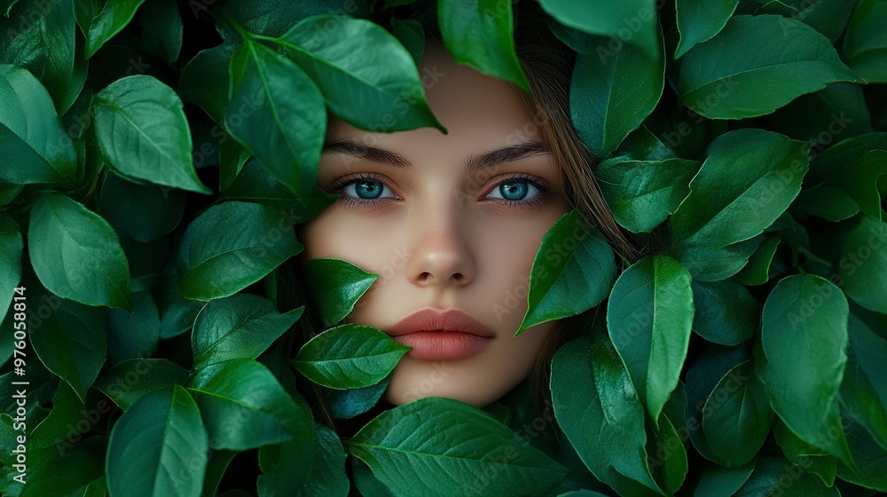 Sticker Woman's Face Hidden Behind Lush Greenery 