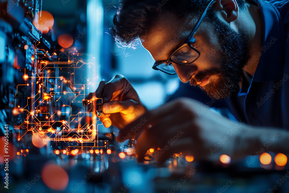 Poster a focused engineer works on intricate circuitry, illuminated by warm lights, showcasing dedication a
